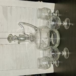 Vintage Liqueur Decanter Set Etched Frosted Grapes & Leaves 4 Glasses GORGEOUS